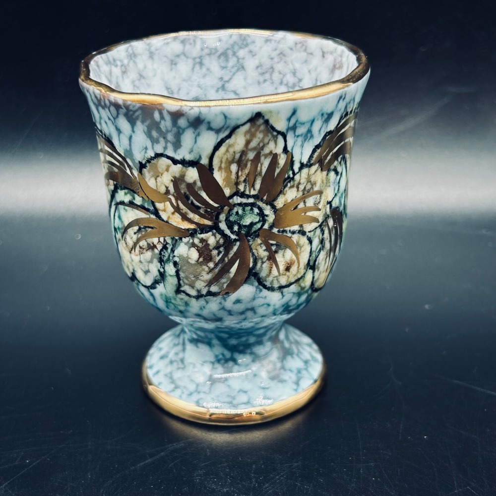 Italian Painted Gold Rim Handleless Cup Mug Flower Blue Speckled